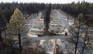 File - In this Dec. 3, 2018, file photo, are homes leveled by the Camp Fire line the Ridgewood Mobile Home Park retirement community in Paradise, Calif. A $13.5 billion settlement covering most of the losses from a series of catastrophic wildfires that drove Pacific Gas and Electric into bankruptcy is turning into a financial tug of war pitting the interests of U.S. taxpayers against the disaster victims still trying to rebuild their lives. (AP Photo/Noah Berger)