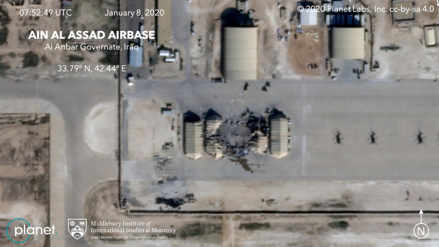 This satellite image provided on Wednesday, Jan. 8, 2020, by Middlebury Institute of International Studies and Planet Labs Inc. shows the damage caused from an Iranian missile strike at the Ain al-Asad air base in Iraq. Iran's actions were in response to the U.S. killing of Revolutionary Guard Gen. Qassem Soleimani. (Planet Labs Inc./Middlebury Institute of International Studies via AP)