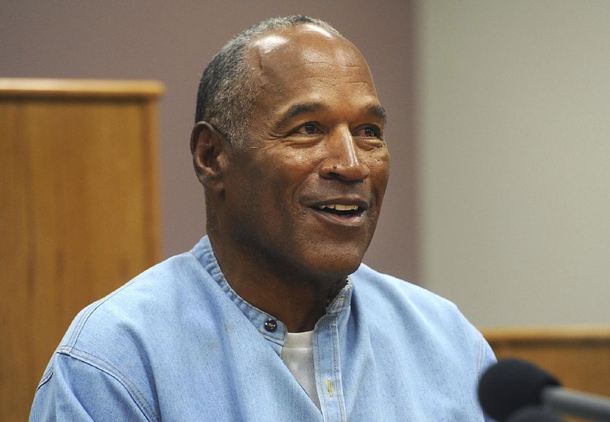 In this July 20, 2017, file photo, former NFL football star O.J. Simpson appears via video for his parole hearing at the Lovelock Correctional Center in Lovelock, Nev. (Jason Bean/The Reno Gazette-Journal via AP, Pool) ** FILE **