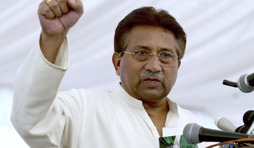FILE - In this Monday, April 15, 2013 file photo, Pakistan&#39;s former President and military ruler Pervez Musharraf addresses his party supporters at his house in Islamabad, Pakistan. On Monday, Jan. 13, 2020, a Pakistani court, overturned the death sentence given to the country&#39;s ailing former dictator, saying a special court that last month convicted and sentenced Musharraf had been formed in violation of the law. (AP Photo/B.K. Bangash, File)