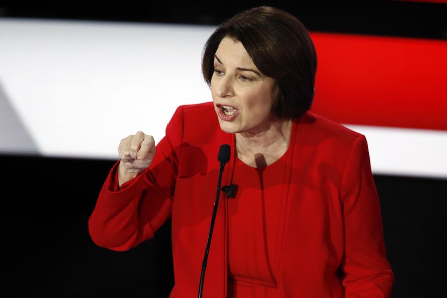 Democratic presidential candidate Sen. Amy Klobuchar, D-Minn., speaks Tuesday, Jan. 14, 2020, during a Democratic presidential primary debate hosted by CNN and the Des Moines Register in Des Moines, Iowa. (AP Photo/Patrick Semansky) ** FILE **