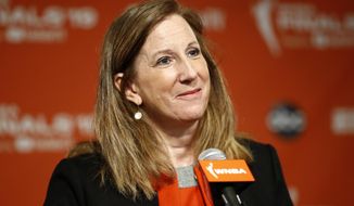 FILE - In this Sept. 29, 2019, file photo, WNBA Commissioner Cathy Engelbert speaks at a news conference in Washington.  The WNBA and its union announced a tentative eight-year labor deal Tuesday, Jan. 14, 2020,  that will allow top players to earn more than $500,000 while the average annual compensation for players will surpass six figures for the first time. I call it historic,&amp;quot; WNBA Commissioner Cathy Engelbert said in a phone interview. (AP Photo/Patrick Semansky, File)