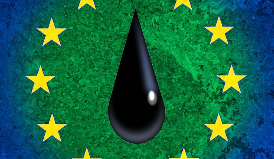 Illustration on Europe’s dependence on fossil fuels by Alexander Hunter/The Washington Times 