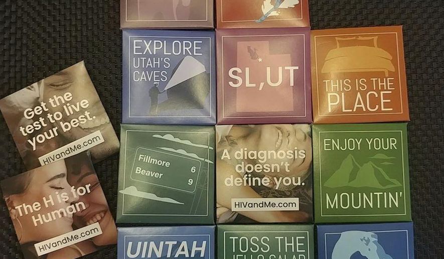 This undated photo provided by the Utah Department of Health shows condoms. The state of Utah is trying something new to fight HIV infections: handing out condoms with cheeky plays on state pride. (Utah Department of Health, via AP)