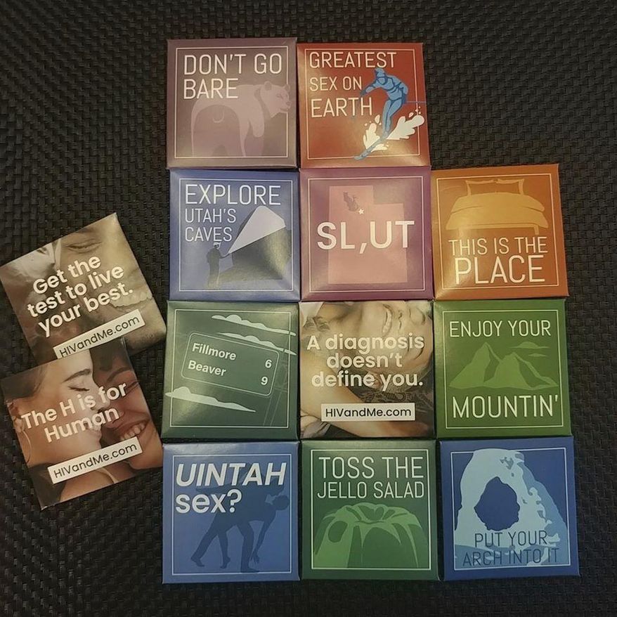 This undated photo provided by the Utah Department of Health shows condoms. The state of Utah is trying something new to fight HIV infections: handing out condoms with cheeky plays on state pride. (Utah Department of Health, via AP)