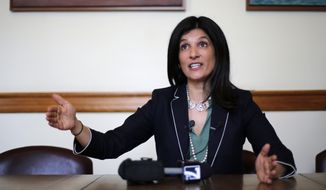 FILE - In this May 5, 2018, file photo, Speaker of the House Sara Gideon, D Freeport, speaks to reporters in her office at the State House, in Augusta, Maine. Gideon is driving home her attack on GOP Sen. Susan Collins for accepting corporate donations. (AP Photo/Robert F. Bukaty, File)