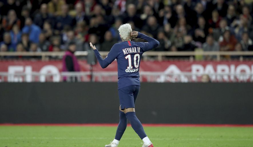 PSG&#x27;s Neymar celebrates after scoring his side&#x27;s second goal during the French League One soccer match between Monaco and Paris Saint-Germain at the Louis II stadium in Monaco, Wednesday, Jan. 15, 2019. (AP Photo/Daniel Cole)