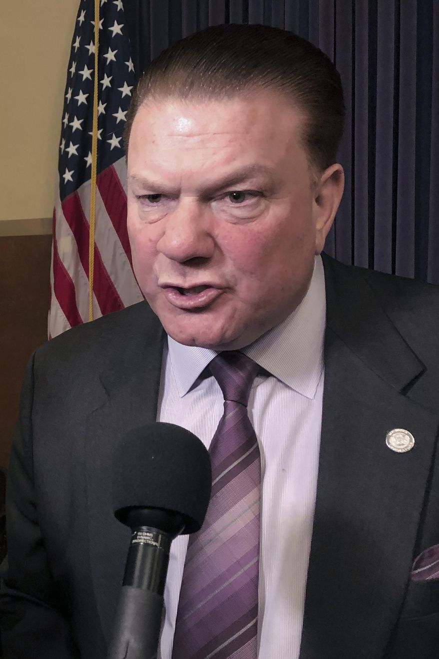 FILE - In this Wednesday, Feb. 20, 2019, file photo, State Sen. Peter Lucido, R-Shelby Township, speaks after a news conference at the Capitol in Lansing, Mich. The lawmaker apologized Wednesday, Jan. 15, 2020, a day after telling a young female reporter that a group of high school boys could "have a lot of fun" with her. Lucido, issued a short statement addressing a story in which a Michigan Advance journalist wrote of an incident that occurred outside the Senate chamber Tuesday. (AP Photo/David Eggert, File)