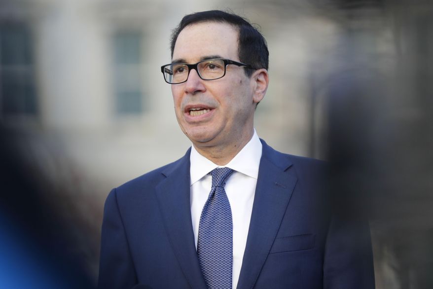 Treasury Secretary Steve Mnuchin speaks to members of the media outside the West Wing of the the White House in Washington, Wednesday, Jan. 15, 2020. (AP Photo/Pablo Martinez Monsivais)