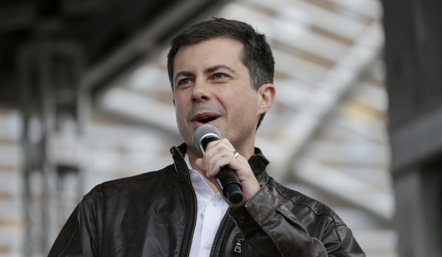 In this Nov. 1, 2019, file photo, Democratic presidential candidate and then-South Bend Mayor Pete Buttigieg addresses supporters during a rally in Des Moines, Iowa. (AP Photo/Nati Harnik, File)