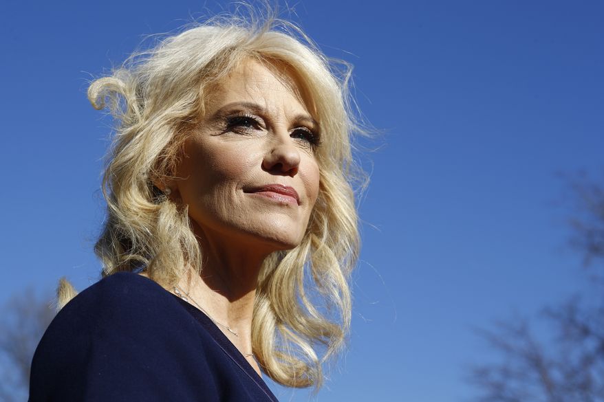 White House counselor Kellyanne Conway pauses as she speaks to the media outside the White House, Thursday, Jan. 16, 2020, in Washington. (AP Photo/Steve Helber)