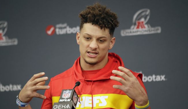 Kansas City Chiefs quarterback Patrick Mahomes answers a question during a news conference for this weeks AFC conference championship NFL football game at Arrowhead Stadium in Kansas City, Mo., Wednesday, Jan. 15, 2020. (AP Photo/Orlin Wagner)  **FILE**