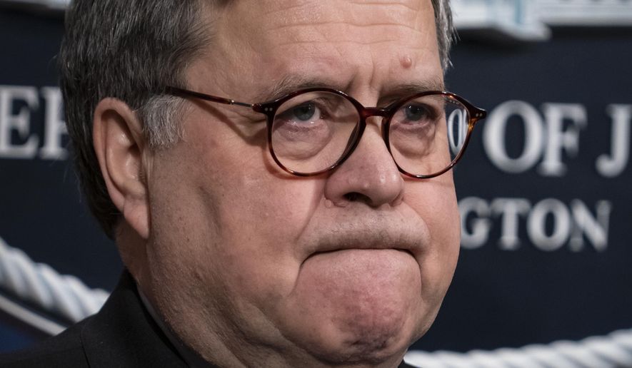 In this Jan. 13, 2020, photo, Attorney General William Barr speaks to reporters at the Justice Department in Washington to announce the results of an investigation of the shootings at the Pensacola Naval Air Station in Florida. (Associated Press) **FILE**