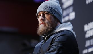 Conor McGregor speaks during a media event for the UFC 246 mixed martial arts bout, Thursday, Jan. 16, 2020, in Las Vegas. McGregor is scheduled to fight Donald &amp;quot;Cowboy&amp;quot; Cerrone in a welterweight bout Saturday in Las Vegas. (AP Photo/John Locher)