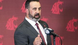 New Washington State football coach Nick Rolovich speaks during a news conference after being officially introduced as the head coach on Thursday, Jan. 16, 2020, in Pullman, Wash. (Pete Caster/Lewiston Tribune via AP)