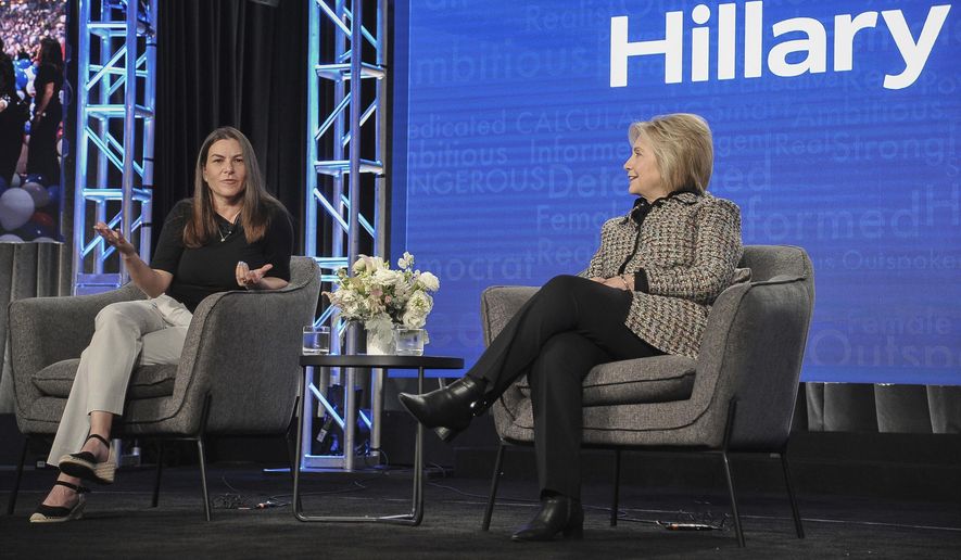 Nanette Burstein, left, and Hillary Clinton participate in the Hulu &amp;quot;Hillary&amp;quot; panel during the Winter 2020 Television Critics Association Press Tour, on Friday, Jan. 17, 2020, in Pasadena, Calif. (Photo by Richard Shotwell/Invision/AP) ** FILE **