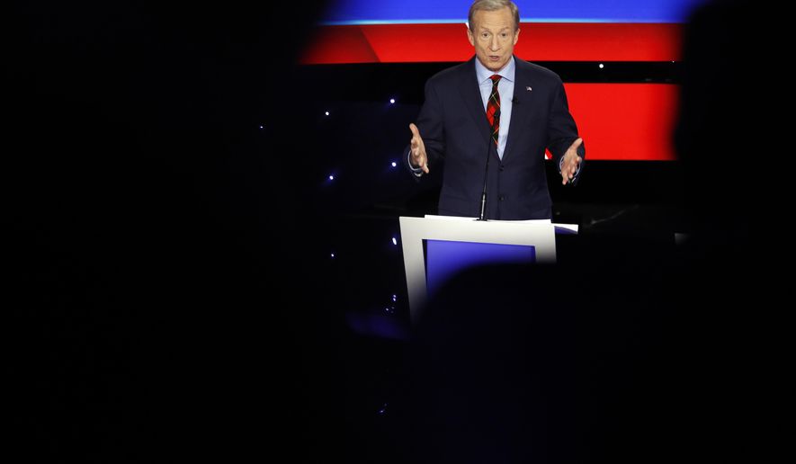 FILE - In this Tuesday, Jan. 14, 2020 file photo, Democratic presidential candidate businessman Tom Steyer speaks during a Democratic presidential primary debate hosted by CNN and the Des Moines Register in Des Moines, Iowa. On Friday, Jan. 17, 2020, The Associated Press reported on a manipulated video circulating online incorrectly portraying Steyer criticizing Democrats during the Iowa presidential debate saying they would "destroy the economy in 15 minutes if they get in control.” The footage was edited to make it appear Steyer made a derogatory comment about Democrats and the economy. (AP Photo/Patrick Semansky)