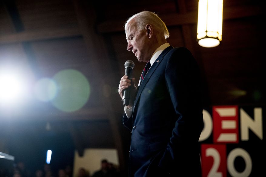 Democratic presidential candidate former Vice President Joe Biden speaks at a campaign stop at Simpson College, Saturday, Jan. 18, 2020, in Indianola, Iowa. (AP Photo/Andrew Harnik)