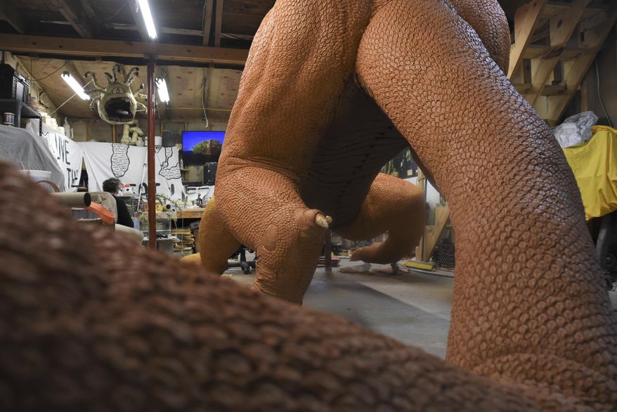 The mythical monster, which barely fits in the Gretna artist Jenifer Buckingham's Gretna, Va., workshop, can be broken into 14 different parts so that it will fit through standard doors. (Caleb Ayers/Danville Register & Bee via AP)