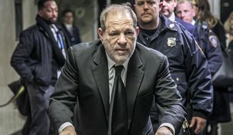 Harvey Weinstein leaves a Manhattan courthouse after a second day of jury selection for his trial on rape and sexual assault charges, Thursday, Jan. 16, 2020, in New York. (AP Photo/Bebeto Matthews)