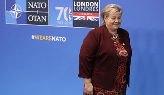 Norway&#39;s Prime Minister Erna Solberg arrives for a NATO leaders meeting at The Grove hotel and resort in Watford, Hertfordshire, England, Wednesday, Dec. 4, 2019. As NATO leaders meet and show that the world&#39;s biggest security alliance is adapting to modern threats, NATO Secretary-General Jens Stoltenberg is refusing to concede that the future of the 29-member alliance is under a cloud. (AP Photo/Matt Dunham)