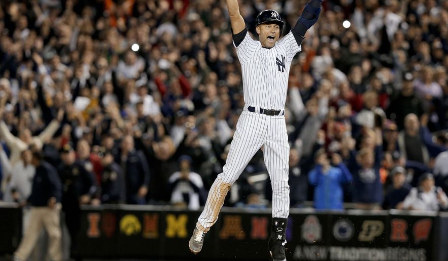 FILE - In this Sept. 25, 2014, file photo, New York Yankees' Derek Jeter jumps after hitting the game-winning single against the Baltimore Orioles in the ninth inning of a baseball game, in New York. Jeter is among 18 newcomers on the 2020 Hall of Fame ballot. On Tuesday, Jan. 21, the Baseball Writers' Association of America will announce the results of its 2020 Hall of Fame balloting. (AP Photo/Julie Jacobson, File)