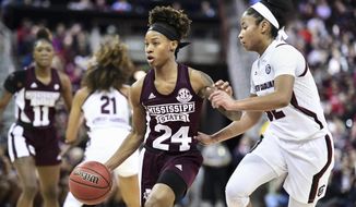 Mississippi State guard Jordan Danberry (24) dribbles the ball against South Carolina guard Tyasha Harris, right, during the first half of an NCAA college basketball game Monday, Jan. 20, 2020, in Columbia, S.C. (AP Photo/Sean Rayford)