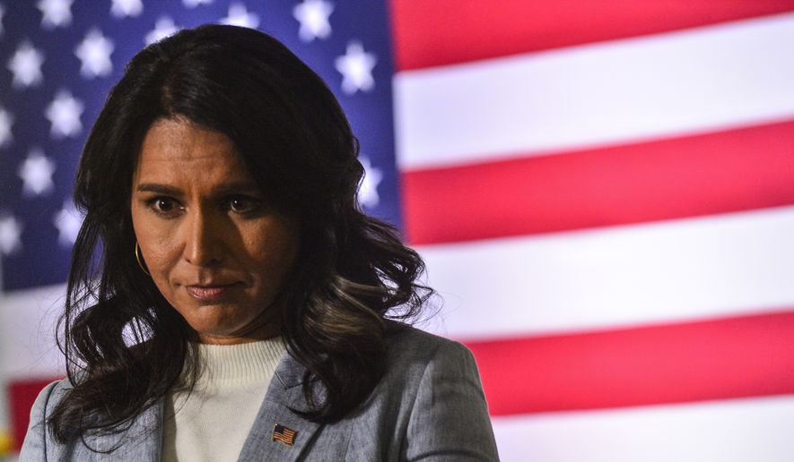 Democratic presidential candidate U.S. Rep. Tulsi Gabbard, of Hawaii, hosts a town hall meeting at the Keene Public Library, Tuesday, Jan. 21, 2020, in Keene, N.H. (Kristopher Radder/The Brattleboro Reformer via AP)