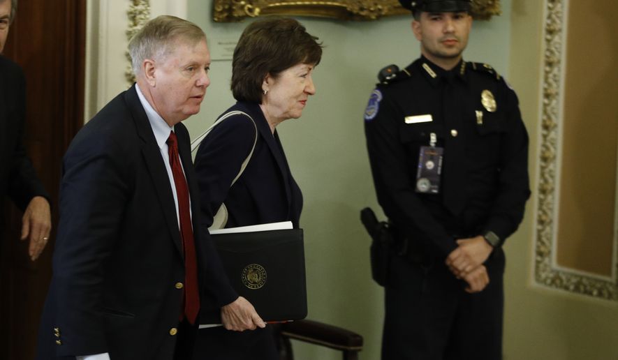 Sen. Lindsey Graham, R-S.C., left, and Sen. Susan Collins, R-Maine arrive for the trial of President Donald Trump at the Capitol Tuesday, Jan. 21, 2020, in Washington. (AP Photo/Steve Helber)