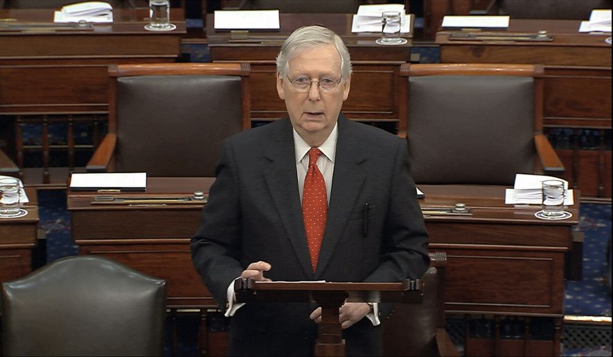 In this image from video, Senate Majority Leader Mitch McConnell, R-Ky., speaks before the impeachment trial against President Donald Trump begins in the Senate at the U.S. Capitol in Washington, Tuesday, Jan. 21, 2020. (Senate Television via AP)