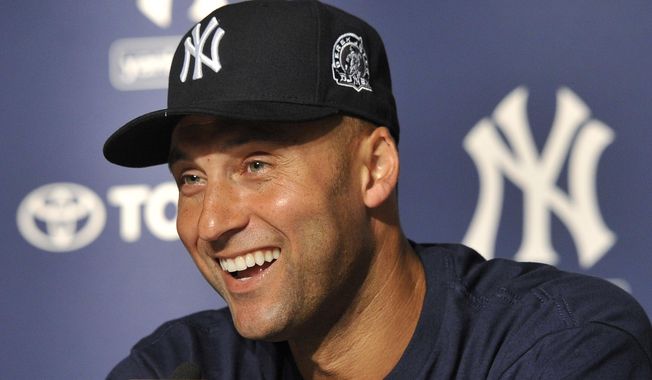 FILE - In this July 9, 2011, file photo, New York Yankees&#x27; Derek Jeter smiles as he speaks about his 3,000th career hit at a press conference after a baseball game against the Tampa Bay Rays, at Yankee Stadium in New York. Jeter could be a unanimous pick when Baseball Hall of Fame voting is announced Tuesday, Jan. 21, 2020. (AP Photo/Kathy Kmonicek)