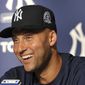 FILE - In this July 9, 2011, file photo, New York Yankees&#x27; Derek Jeter smiles as he speaks about his 3,000th career hit at a press conference after a baseball game against the Tampa Bay Rays, at Yankee Stadium in New York. Jeter could be a unanimous pick when Baseball Hall of Fame voting is announced Tuesday, Jan. 21, 2020. (AP Photo/Kathy Kmonicek)