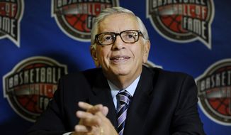  In this Aug. 7, 2014, file photo, David Stern, a member of the 2014 class of inductees into the Basketball Hall of Fame, listens to a question during a news conference in Springfield, Mass. A tribute to late NBA Commissioner Stern is to be held at New York&#39;s Radio City on Tuesday, Jan. 21, 2020. (AP Photo/Jessica Hill, File) **FILE**
