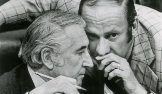 FILE - In this July 27, 1974, file photo, Rep. Thomas Railsback, R-Ill., right, confers with chairman Peter Rodino, D-N.J., during the House Judiciary Committee&#39;s debate on impeachment articles in Washington. Railsback, an Illinois Republican congressman who helped draw up articles of impeachment against President Richard Nixon in 1974, has died at age 87. Former Republican congressman and U.S. Transportation Secretary Ray LaHood confirmed the death on Tuesday, Jan. 21, 2020. (AP Photo, File)