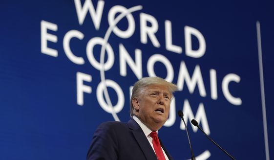 President Donald Trump delivers the opening remarks at the World Economic Forum, Tuesday, Jan. 21, 2020, in Davos. (AP Photo/ Evan Vucci)