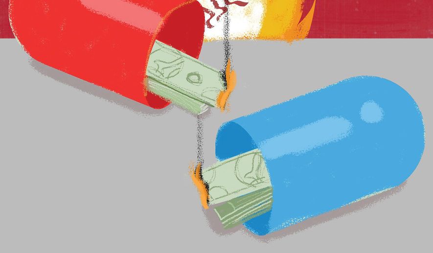 Illustration on Medicare for all by Linas Garsys/The Washington Times