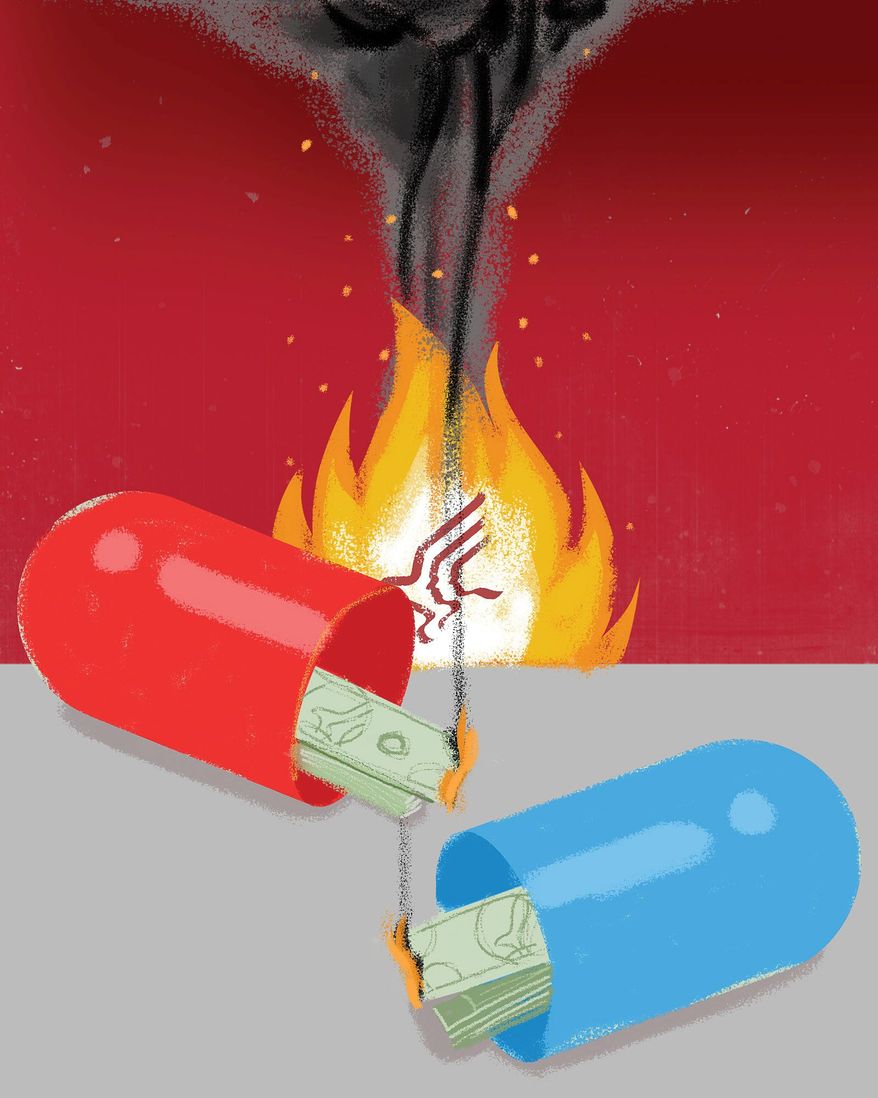 Illustration on Medicare for all by Linas Garsys/The Washington Times