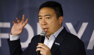 Democratic presidential candidate entrepreneur Andrew Yang speaks at a campaign event at a bar Wednesday, Jan. 22, 2020, in Waukon, Iowa. (AP Photo/John Locher)