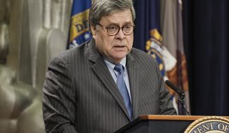 U.S. Attorney General William Barr delivers remarks to announce the establishment of the Presidents Commission on Law Enforcement and the Administration of Justice, at an event at the Department of Justice Headquarters, Wednesday, Jan. 22, 2020 in Washington. (AP Photo/Michael A. McCoy)