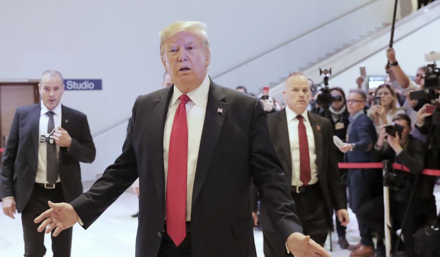 U.S. President Donald Trump leaves the World Economic Forum in Davos, Switzerland, Wednesday, Jan. 22, 2020. Trump&#39;s two-day stay in Davos is a test of his ability to balance anger over being impeached with a desire to project leadership on the world stage. (AP Photo/Markus Schreiber)