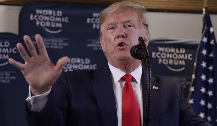 US President Donald Trump speaks during a news conference at the World Economic Forum in Davos, Switzerland, Wednesday, Jan. 22, 2020. Trump&#39;s two-day stay in Davos is a test of his ability to balance anger over being impeached with a desire to project leadership on the world stage. (AP Photo/Evan Vucci)