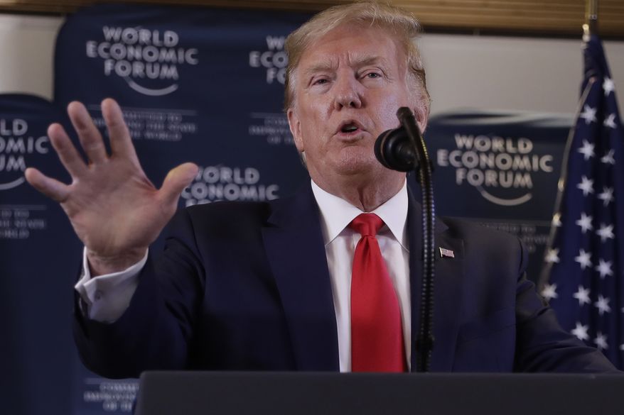 US President Donald Trump speaks during a news conference at the World Economic Forum in Davos, Switzerland, Wednesday, Jan. 22, 2020. Trump&#39;s two-day stay in Davos is a test of his ability to balance anger over being impeached with a desire to project leadership on the world stage. (AP Photo/Evan Vucci)