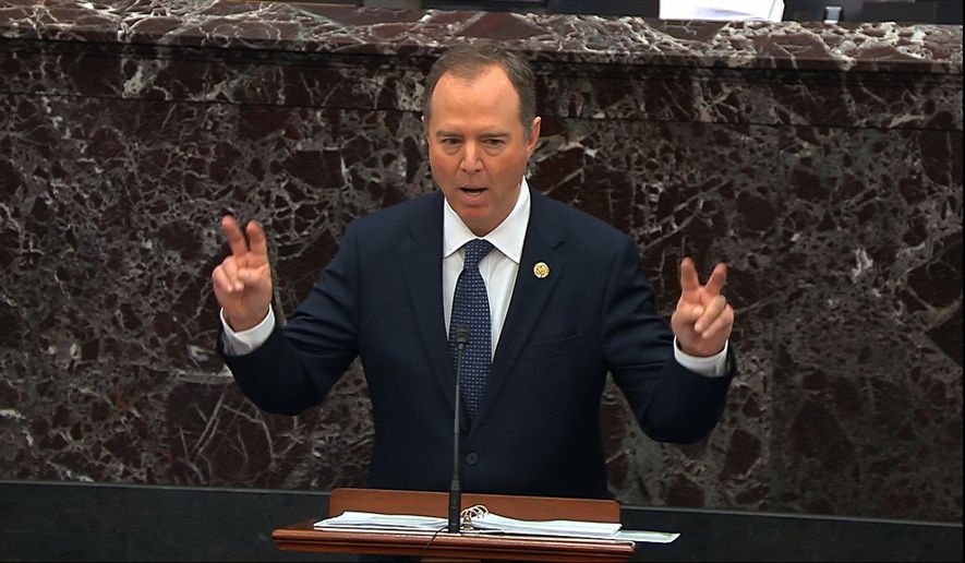 In this image from video, House impeachment manager Rep. Adam Schiff, D-Calif., speaks during the impeachment trial against President Donald Trump in the Senate at the U.S. Capitol in Washington, Wednesday, Jan. 22, 2020. (Senate Television via AP)