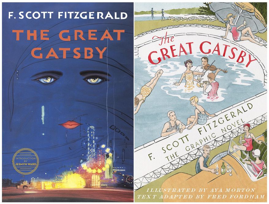 This combination of cover images released by Scribner shows the 2018 cover image of the novel "The Great Gatsby" by F. Scott Fitzgerald, left, and "The Great Gatsby: The Graphic Novel," with illustrations by Aya Morton and adapted text by Fred Fordham. Starting next January, F. Scott Fitzgerald's classic Jazz Age tale will belong to everyone. The novel's copyright is set to expire at the end of 2020, meaning that anyone will be allowed to publish the book, adapt it to a movie, make it into an opera or stage a Broadway musical. (Scribner via AP)