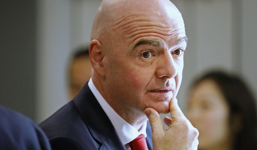 FIFA President Gianni Infantino attends the World Economic Forum in Davos, Switzerland, Tuesday, Jan. 21, 2020. The 50th annual meeting of the forum will take place in Davos from Jan. 21 until Jan. 24, 2020. (AP Photo/Markus Schreiber)
