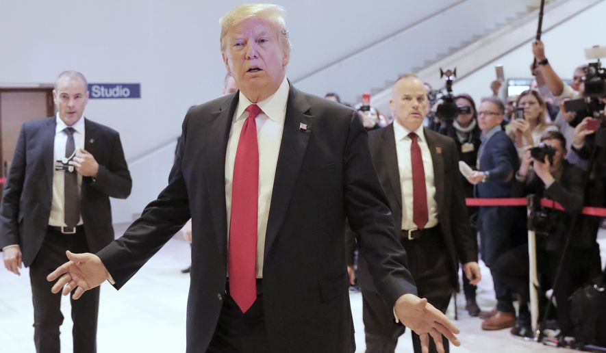 U.S. President Donald Trump leaves the World Economic Forum in Davos, Switzerland, Wednesday, Jan. 22, 2020. Trump&#39;s two-day stay in Davos is a test of his ability to balance anger over being impeached with a desire to project leadership on the world stage. (AP Photo/Markus Schreiber)