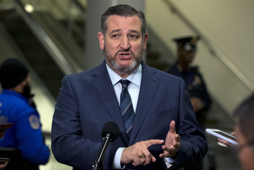 Sen. Ted Cruz R-Texas, speaks to the media during the impeachment trial of President Donald Trump, Thursday, Jan. 23, 2020, on Capitol Hill in Washington. (AP Photo/Jose Luis Magana)