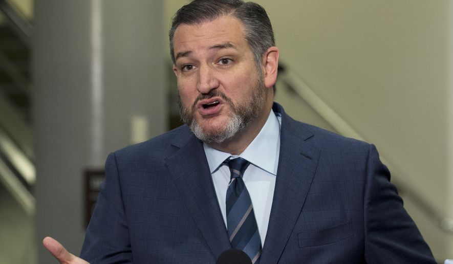 In this file photo, Sen. Ted Cruz R-Texas, speaks to the media during the impeachment trial of President Donald Trump, Thursday, Jan. 23, 2020, on Capitol Hill in Washington. (AP Photo/Jose Luis Magana) **FILE**