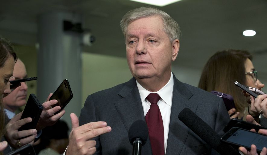 Sen. Lindsey Graham, R-S.C., speaks to the media before attending the impeachment trial of President Donald Trump, Thursday, Jan. 23, 2020, on Capitol Hill in Washington. (AP Photo/Jose Luis Magana) ** FILE **