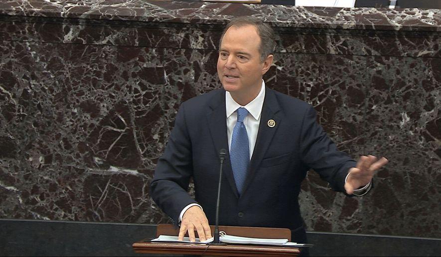 In this image from video, House impeachment manager Rep. Adam Schiff, D-Calif., speaks during the impeachment trial against President Donald Trump in the Senate at the U.S. Capitol in Washington, Thursday, Jan. 23, 2020. (Senate Television via AP)